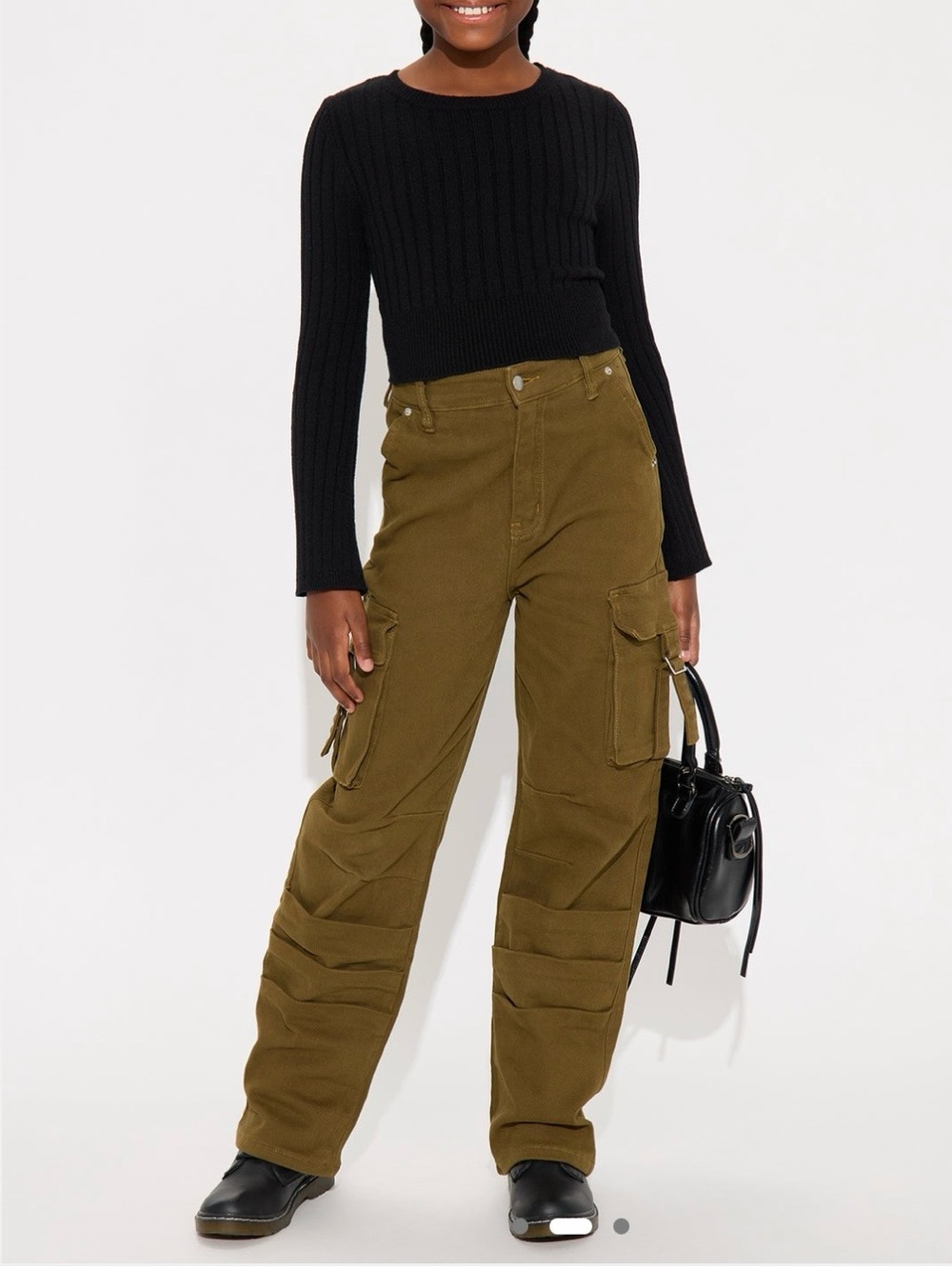 NWT FASHION NOVA Mini Honey Wide Leg Cargo Pant - Dark Olive size 14-16 years